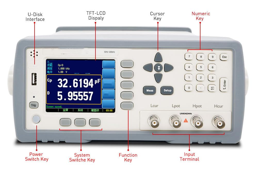 Precision LCR Meter Benchtop LCR Bridge with Continuous Frequency 10Hz～300kHz Resolution 0.001Hz Auto/Hold/Nominal 9 Ranges Source Resistance 30Ω 50Ω 100Ω Store 9999 Datas RS232 USB Interface