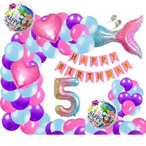 Image of 60 pcs 5th Birthday Decoration for Girls Tail Foil Balloon Garland Rainbow Number Foil Theme Birthday Decorations Aqua Theme Birthday Decorations (Pack of 60, Multi)