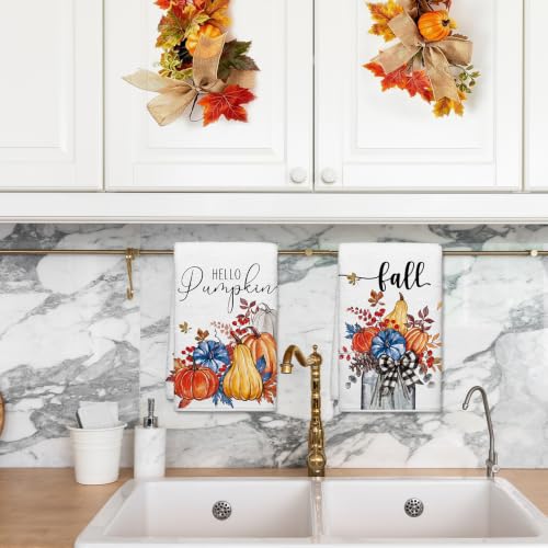 Image of Hello Fall Pumpkin Kitchen Towels, Autumn Leaves Harvest Dish Towels Set of 2, Rustic Thanksgiving Holiday 18 x 26 Inch Hand Towel Quick Drying Dishcloth Decor for Kitchen Bathroom Home