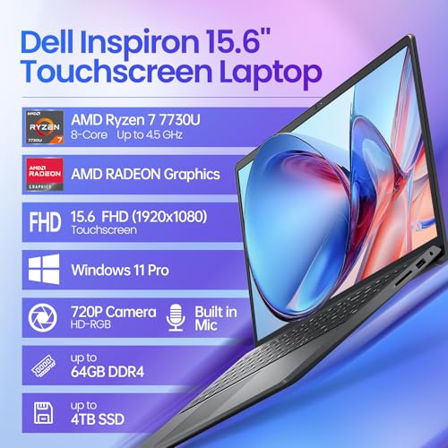 Image of Dell 15 Touchscreen Laptop, AMD Ryzen 7 7730U (Beats i7-1355U), 16GB RAM, 512GB NVMe SSD, Windows 11 Pro, 15.6 inch FHD IPS, Copilot AI, Type-C, HDMI, Black, 2026 Model