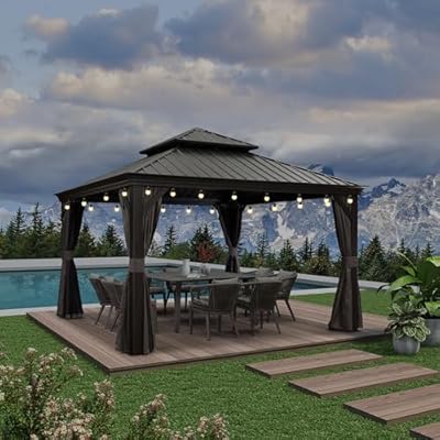 PURPLE LEAF 12' X 12' Outdoor Gazebo with Metal Roof Permanent Hardtop Gazebo with Light for Patio Lawn and Garden Grey