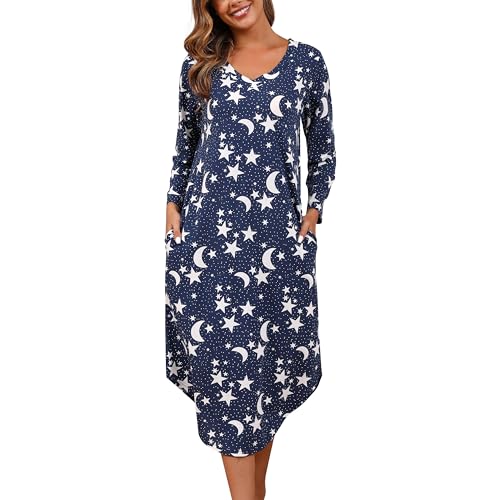 PNAEONG Nightgowns for Women Soft Cotton Long Sleeve Night Gowns Adult Sleepwear V Neck Nightshirt Comfy Sleepshirts - Main Image
