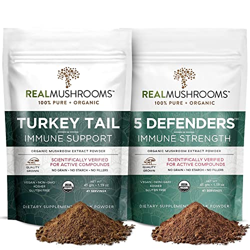 Real Mushrooms Turkey Tail (45G) And 5 Defenders (45G) Mushroom Extract Powder Bundle - Mushroom Supplement For Immune Strength - Vegan, Non-Gmo Immunity Supplement #TOP15