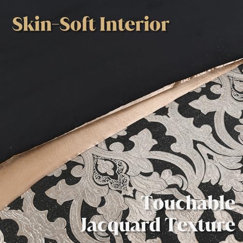 Image of CozyDH Black Gold Jacquard Comforter Set California King - 7 Piece Luxury Bed in a Bag Vintage Damask Patchwork, All Season Down Alternative Bedding with Bed Skirt, Shams, Decor Pillows, 104x96 in