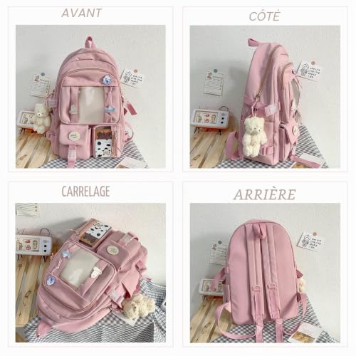 Sac à dos nylon adolescent multi-poches rose grand volume imperméable