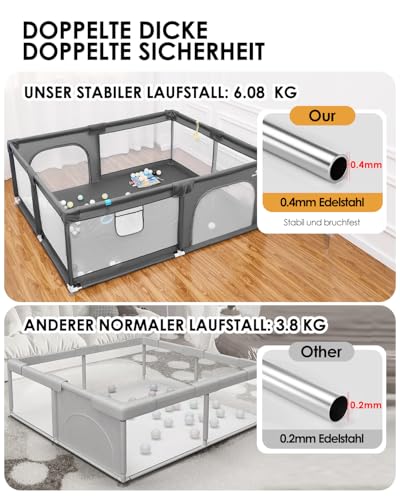 derimkcoa Laufstall Baby,Laufgitter Baby,Kinderzaun mit Atmungsaktivem Netz,Tragbarer Laufstall für Drinnen und Draußen(150x180x66cm,Grau)
