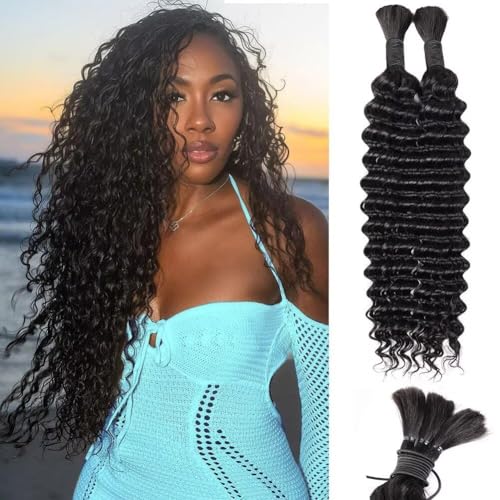 Human Braiding Hair 12A Deep Water Wave Bulk Human Hair 100g 18 Inch Curly Human Hair for Boho Braids Hair Extensions No Weft 2 Braids Per Pack Wet and Wavy Human Hair Braiding Hair Natural Black