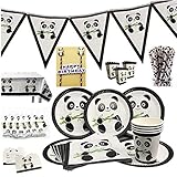 Child's Panda-Monium Birthday Party Supplies Pack Includes: Dessert Plates,Cups,Pennant Garland,Inviting cards,Straws,Napkins and Tablecloth Decorations