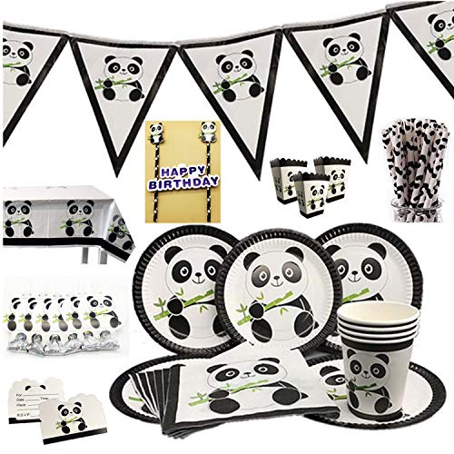 Child's Panda-Monium Birthday Party Supplies Pack Includes: Dessert Plates,Cups,Pennant Garland,Inviting cards,Straws,Napkins and Tablecloth Decorations