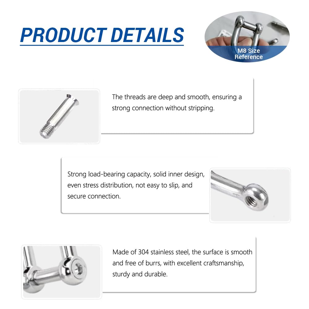 5 Pièces D-Shackles Type D M10 À Goujon Hex Encastré, Capacité De Charge Max 640 Kg, Acier Inoxydable 304 Robuste pour Chaînes Sangles Remorquage