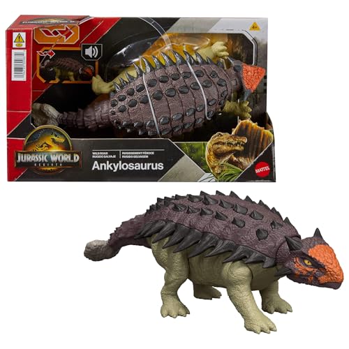 Mattel Jurassic World: Die Wiedergeburt Wild Roar-Dinosaurierspielzeug, bewegliche Ankylosaurus-Figur, mit Kopfstößen & Mehrfachattacken & Sound, digitaler Spielspaß, JGB90