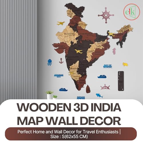 Image of Elk Wooden 3D India Map Wall Decor With All State Names and Capital Cities, Perfect Home Office Wall Decor for Travel Enthusiasts | Size : XXL(180x164 CM)