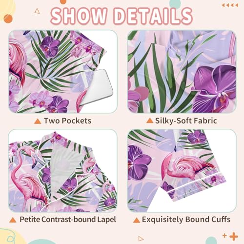 senya Rose Flower Flamingo Satin Summer Pajama Sets Silk Short Sleeve Button Down Sleepwear3