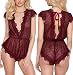 ALLovable Women Sexy Lingerie Lace Teedy Dream Eyelashes Deep V Open Crotch Nighewear(S, Wine Red)
