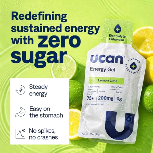 Image of UCAN Edge Energy Gel Shots, Lemon-Lime + Electrolyte (12, 2 Ounce Packets) for Running, Training, Workouts, Fitness, Cycling, Crossfit | Sugar-Free, Vegan, & Keto Friendly Energy