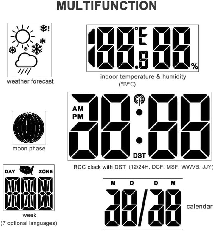 Digital Clock with LCD Display,Wall Clock Desk Clocks Battery Operated with Weather,Day of Week,Temperature Humidity,12/24Hr,Weather Forecast