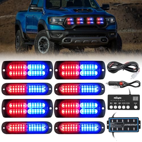 Image of Nilight 8PCS Led Strobe Lights with Controller 12 /24V Sync Feature Red Blue
