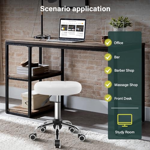 Image of BFTOU White 6-Square Lattice PU Swivel Stool with Wheel for Work SPA Shop Massage Height-Adjustable and Cost-Effective Rolling Stool Chair