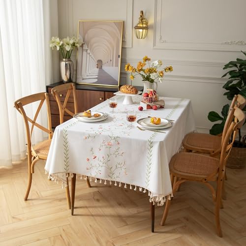 Tenger Home Kitchen Nappe de Table Rectangulaire, Nappe brodée Aspect Lin Lavable, Nappes imperméable Housses pour Table Broderie Traditionnelle (Rose Verte, 140 x 260...