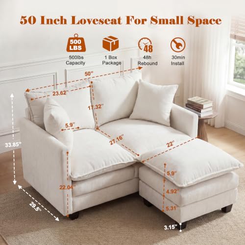Image of 50'' L-Shape Loveseat Sofa with 22 inch Ottoman, 2 Seat Modern Cloud Couch with 2 Washable Pillows for Small Space Apartment Office Living Room Bedroom, Beige