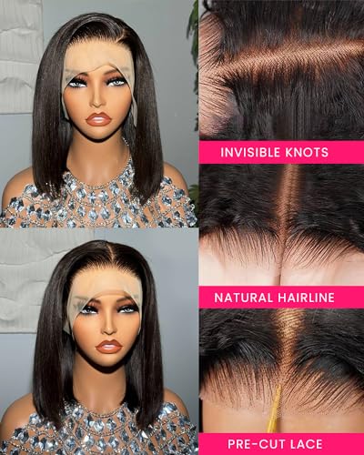 MEGALOOK 13x4 HD Lace Front Wigs Bob Wig Human Hair For Black Woman Upgraded Pre Plucked Bleached Tiny Knots Wig 200% Brazilian Virgin Human Hair Natural Black Color 10 Inch - Image 3