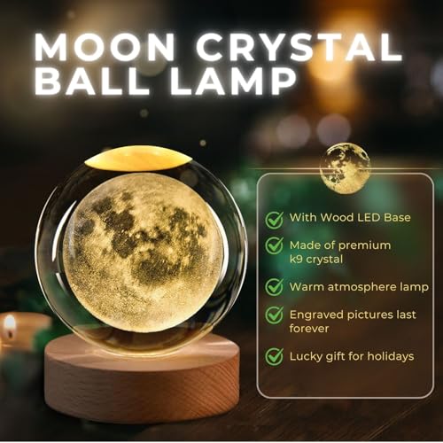 Flexzion 3D Moon Crystal Ball Night Light - LED Light Hologram Glass Lamp with Solid Wood Base, USB Powered Crystal Ball Lamp with Adjustable Brightness for Home Decor Display Gift, 2.4inch(60mm) - Image 3