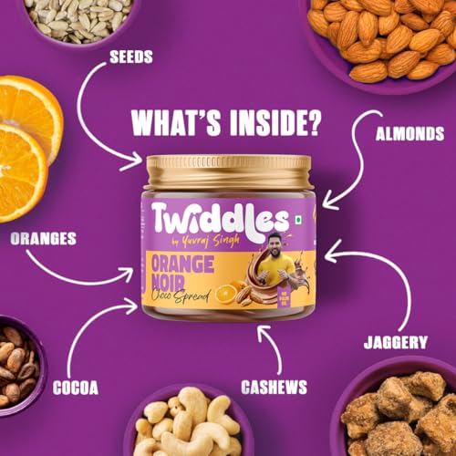 Image of Twiddles Chocolate Orange Spread,100g(Creamy) - 72% California Almonds & Cashews |17g Protein |Vegan |Uplifts Mood |Zero Refined Sugar | No Palm Oil or Preservatives | Sweetened with Jaggery | Gluten free | Yuvi's Favorite