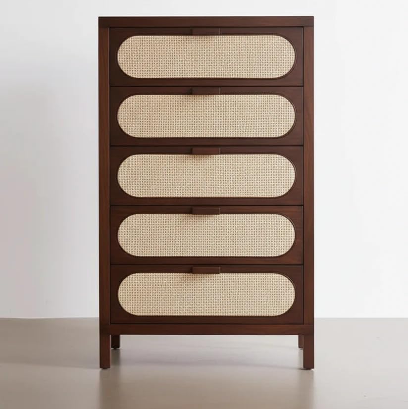 Solid Mango Wood Chest of Drawers with 5 Storage Drawers | Rattan Front Wooden Dresser Cabinet Organizer for Bedroom, Living Room, Hallway, Entryway and Home Furniture (Walnut Finish)-picture-10