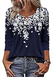 Zeagoo Lady Fall Tops 2025 3/4 Sleeve V Neck Button T-Shirts Stretchy Dressy Blouses Casual Floral Bohemian Tops Pleated Flowy Boho Chic Clothes XL