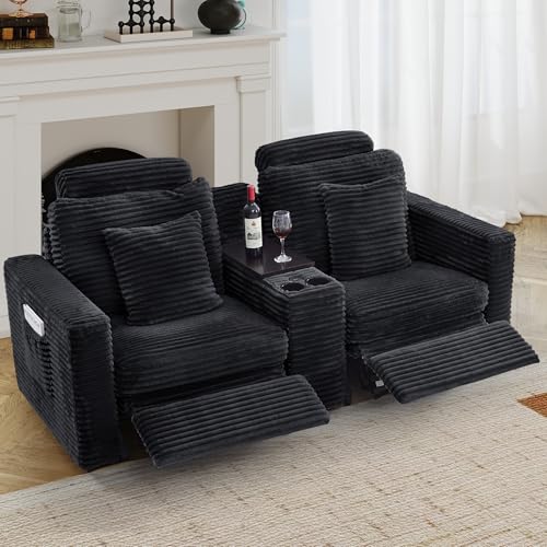 Image of RARZOE Modular Sofa Console Module with Storage, Corduroy Storage Console with USB Port&Cup Holder for Living Room Modular Sectional Sofa Couch, Black