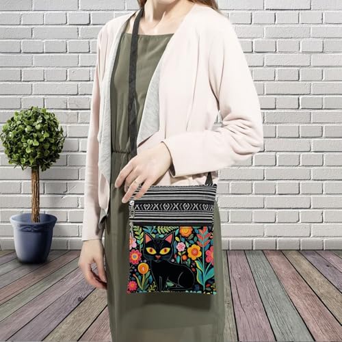 Ethnic Floral Cat Messenger Bag Small Ethnic Pattern Printed Adjustable Strap Crossbody Zipper Bag Ethnic Floral Cat Phone Bag Wallet Cute Shoulder Handbag for Women -23