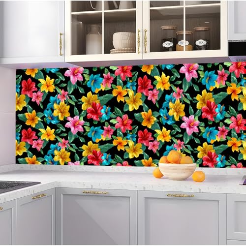 Image of Spring Summer Tropical Hibiscus Wall Decals, Colorful Hawaiian Floral Peel and Stick Wallpaper for Home Refresh, Spring Cleaning Mural, Mother's Day Decor, 39.37x15.75 Inch