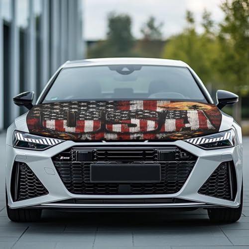 Image of Halloween American Flag Theme Car Hood Cover Protector for SUV Sedans Trucks 59x39 Inch Stretchable Car Hood Wrap Blankets Waterproof Sun Proof Auto Patriotic Decorations