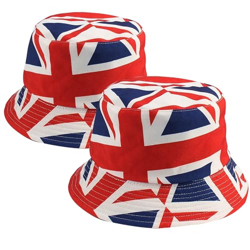 Union Jack Bowler Hats - Patriotic VE Day British Red/White/Blue Hat Double-Side Reversible British Flag Bucket Cap (2Pack-A)