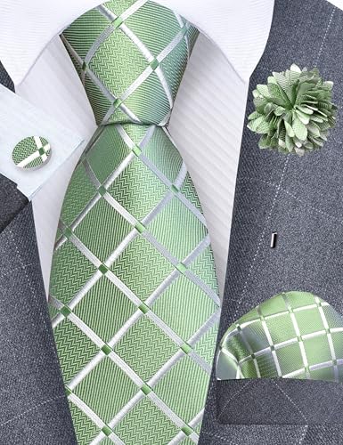 Image of GUSLESON 3.15 inch(8cm) Mens Tie and Lapel Pin Plaid Checkered Necktie Hankerchief Cufflinks Set for Men