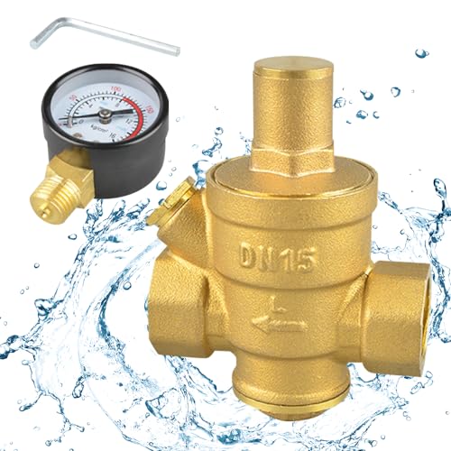 ZOESURE Riduttore di pressione dell'acqua, riduttore di pressione dell'acqua 1/2 pollice DN15 con manometro, riduttore di pressione dell'acqua in ottone, regolatore di pressione dell'acqua regolabile