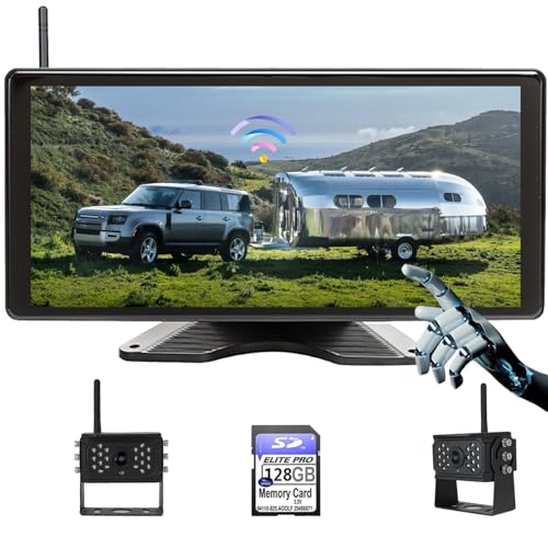 Wireless Skid Steer Touchable Screen 128GB Large Audio 1080P 2 Split Image 11 Inch Monitor Backup Camera Built-in DVR Video for RV Truck Trailer Rear Front Reversing DW102