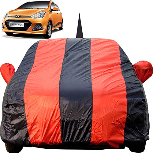 Image of Autofact Car Body Cover for Hyundai Grand I10 with Mirror and Antenna Pocket (Light Weight, Triple Stitched, Heavy Buckle, Bottom Fully Elastic, Red Stripes with Navy Blue Color)