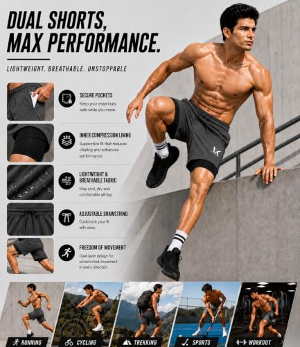 VK FITNESS Men's 2-in-1 Gym Shorts with Compression Liner, Dark Grey, - Image 5