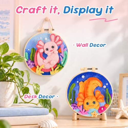 Image of Needle Felting Kit,Embroidery kit for Beginners,Punch Needle Kits Adults Beginner,Punch Needle kit for Beginners, Includes All Tools and Materials,Easy to Follow Instructions and Videos(Axolotl)