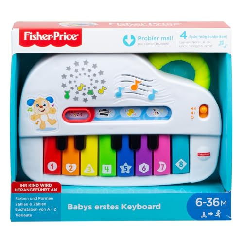FISHER-PRICE Babys erstes Keyboard - tragbares Spielzeugklavier mit 4 Spielmöglichkeiten, Liedern, Lichtern und Geräuschen, spielerisches Lernen, spricht deutsch, ab 6 Monaten/ 1 Jahr, GFK01