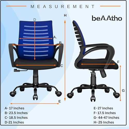 Image of beAAtho Verona Mesh Mid Back Ergonomic Home Office Chair with 3-Years Limited Warranty, Tilting & Height Adjustable Mechanism, Heavy Duty Metal Base Ideal for Office Work & Study (Blue)