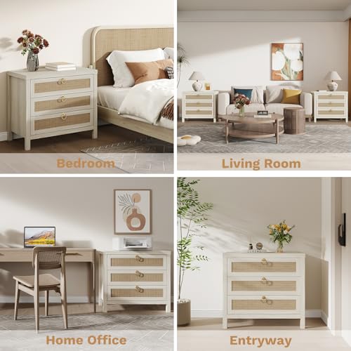 Image of Eclatara Large Rattan Night Stand Set of 2: Boho Nightstand with 3 Drawers, White Storage Bedside Table End Table Side Table for Bedroom(Cream White Oak,2 Pieces)