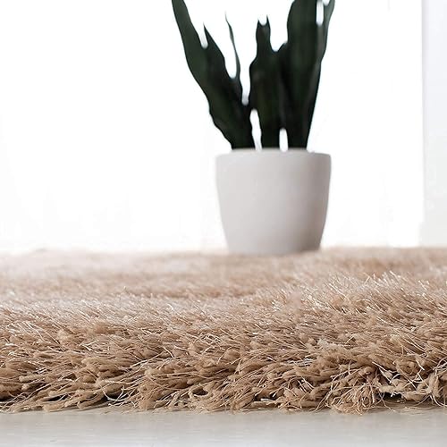 Image of Premium Round Shaggy Carpet Plain Fur Rugs Under Chair 4x4 Feet Microfiber & Polyster Modern Interior Floor Mat Beige