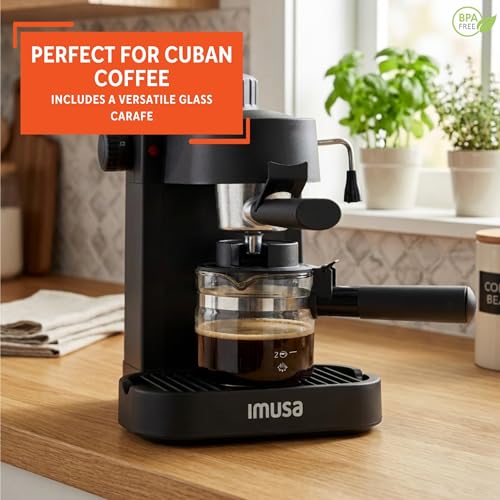 Image of IMUSA Electric Espresso Cappuccino Maker 4 Cup Capacity with Milk Frother Black Coffee Machine for Home Barista Experience