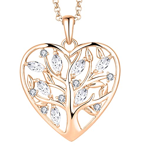 JO WISDOM Collier Pendentif Coeur Arbre de vie Argent 925/1000 AAA zirconium avec Plaqué or Rose Femme