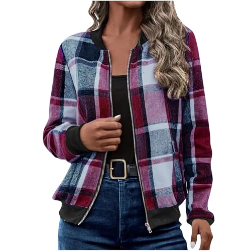 Womens Plaid Jacket Long Sleeve Fashion Zipper Shacket with Pocket Fall Casual Coats Comfort Loose Shirt Outerwear