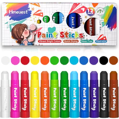 Hmeuest Paint Sticks for Kids 12 Pack Vibrant Colours Quick Drying No Mess Easy Clean Up Multi-Surface Perfect for Gift & Art Project for Children