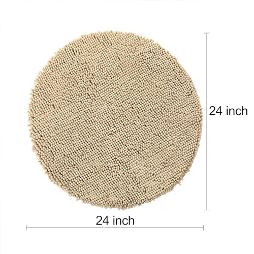 Smiry Luxury Chenille Round 24x24, Extra Soft and Absorbent Shaggy Bathroom Mat Rugs, Machine Washable, Non-Slip Plush Carpet for Tub, Shower, and Bath Room, Beige
