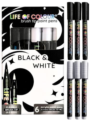 Life of Colour Paint Pens - Set of 6 Black and White Brush Tip Acrylic Paint Pens, the Ultimate Contrast Pack for Mandala Art, Rock Painting, Ceramics and Calligraphy - Permanent and Waterproof Pens